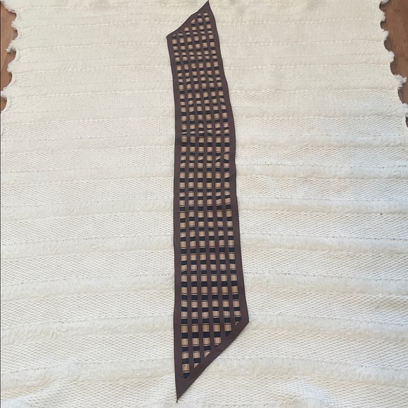 Vintage 70s Vera Checkered geometric oblong skinny narrow split Scarf brown tan - Picture 6 of 8